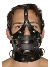 Lade das Bild in den Galerie-Viewer, Streng aussehender Premium-Maulkorb aus Leder mit Augenbinde und Knebel