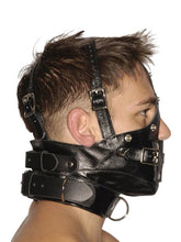 Lade das Bild in den Galerie-Viewer, Streng aussehender Premium-Maulkorb aus Leder mit Augenbinde und Knebel